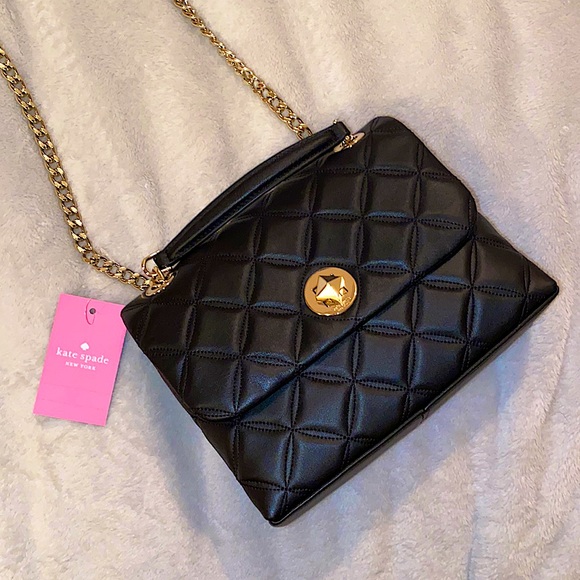 NWT ♠️ Kate Spade ♠️ black and gold Small Flap Quilted crossbody purse - Picture 2 of 6